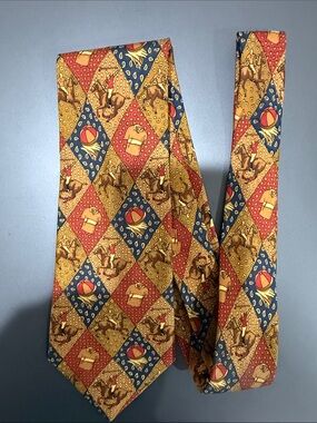 Authentic Celine Multicolor Diamond-Print Silk Tie with Horse & Toy Motif